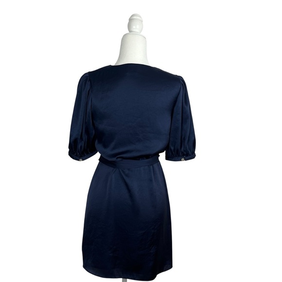 ARITZIA WILFRED Free Lune Classy Navy Blue Satin Puff Sleeve Wrap Dress Medium - Picture 3 of 13